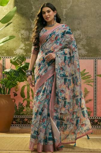 multicolour linen cotton blend digital printed abstract saree