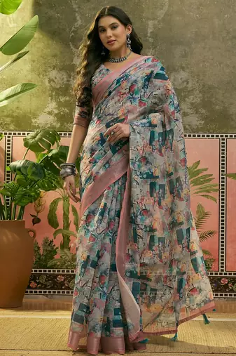 multicolour linen cotton blend digital printed abstract saree