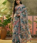 multicolour linen cotton blend digital printed abstract saree