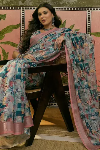multicolour linen cotton blend digital printed abstract saree