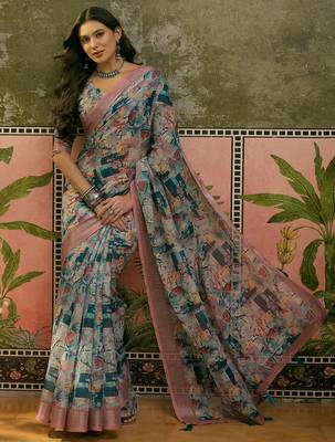 multicolour linen cotton blend digital printed abstract saree 3