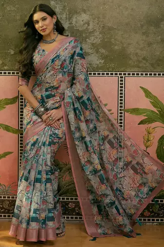 multicolour linen cotton blend digital printed abstract saree