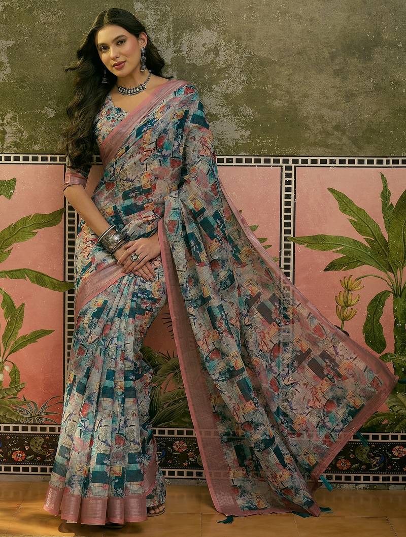 multicolour linen cotton blend digital printed abstract saree