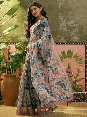 multicolour linen cotton blend digital printed abstract saree 4