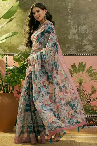 multicolour linen cotton blend digital printed abstract saree