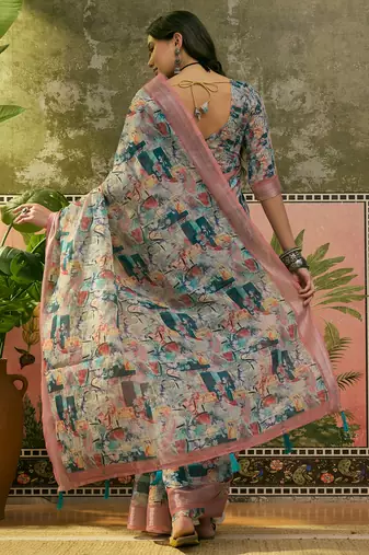 multicolour linen cotton blend digital printed abstract saree