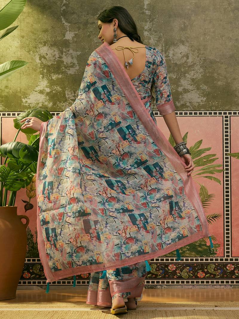 multicolour linen cotton blend digital printed abstract saree