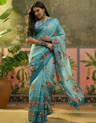sky blue linen cotton blend digital printed floral saree 1