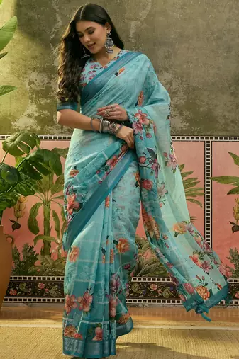 sky blue linen cotton blend digital printed floral saree