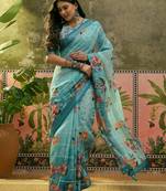 sky blue linen cotton blend digital printed floral saree