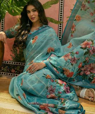 sky blue linen cotton blend digital printed floral saree 2