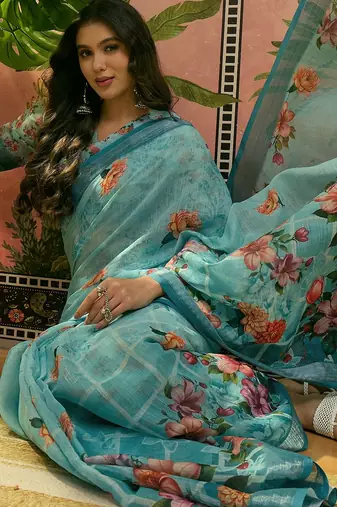 sky blue linen cotton blend digital printed floral saree