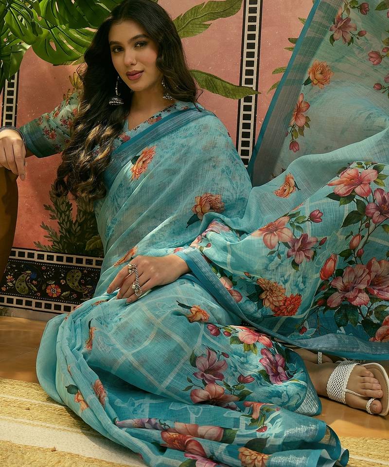 sky blue linen cotton blend digital printed floral saree