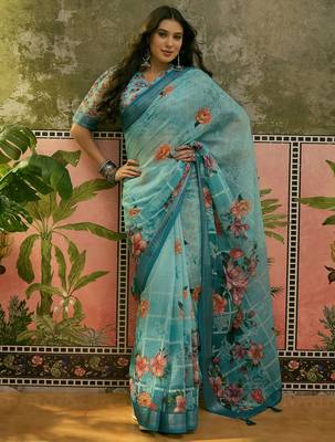 sky blue linen cotton blend digital printed floral saree 3
