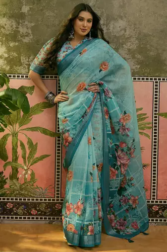 sky blue linen cotton blend digital printed floral saree