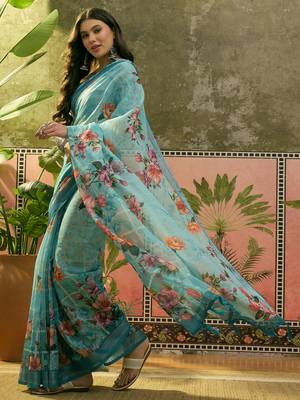 sky blue linen cotton blend digital printed floral saree 4