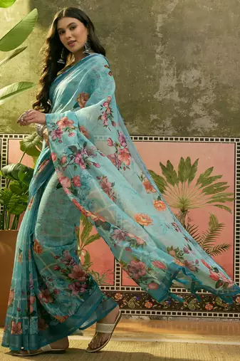 sky blue linen cotton blend digital printed floral saree