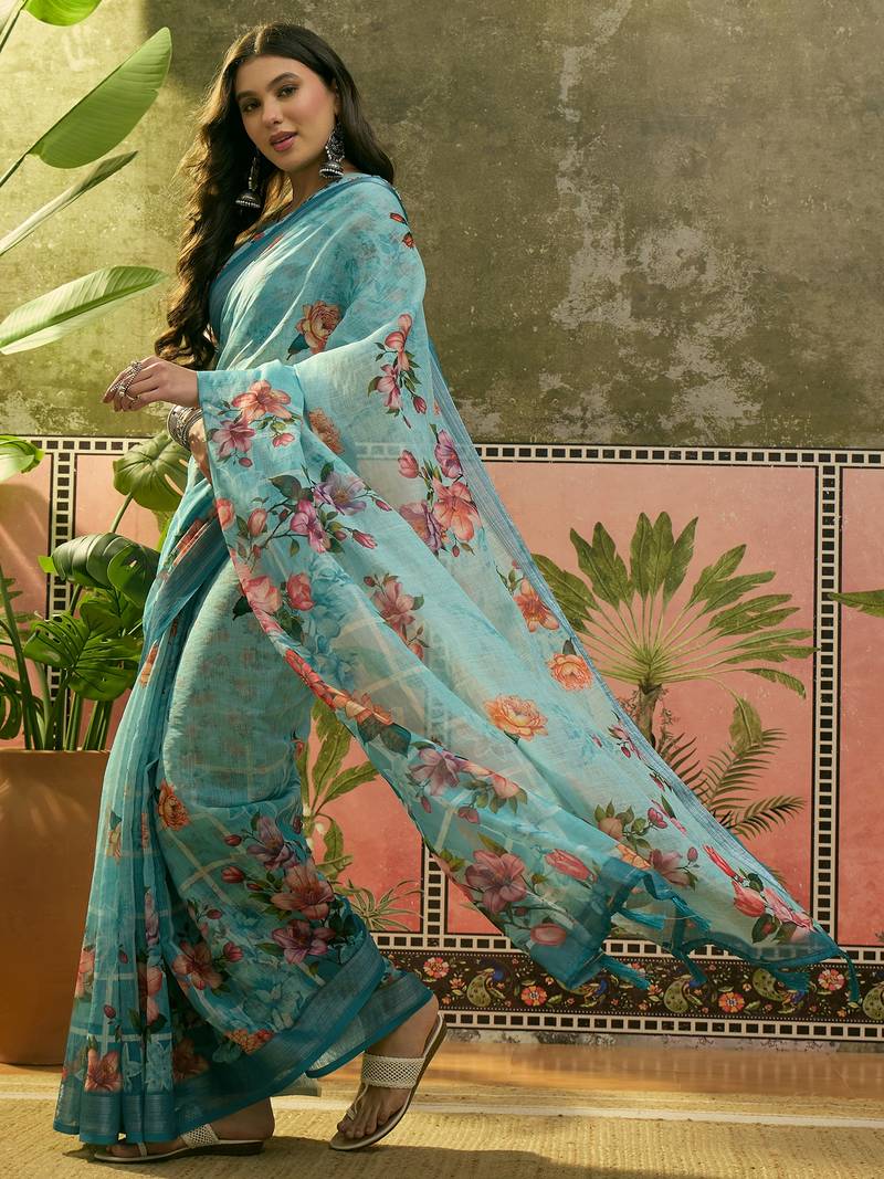 sky blue linen cotton blend digital printed floral saree