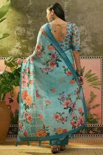 sky blue linen cotton blend digital printed floral saree
