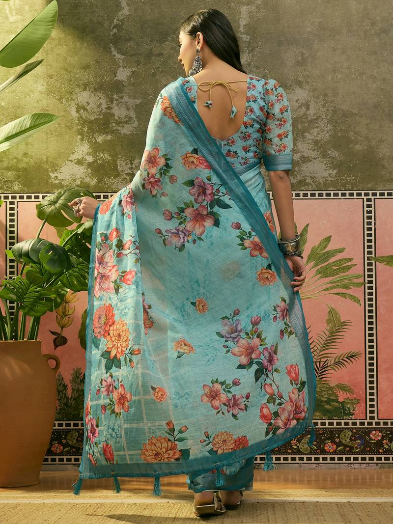 sky blue linen cotton blend digital printed floral saree