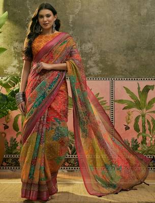 multicolour linen cotton blend digital printed bandhani saree 1