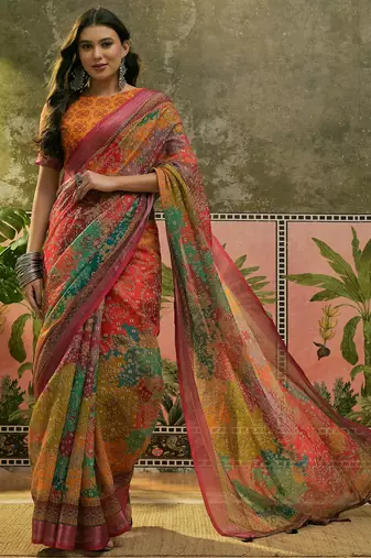 multicolour linen cotton blend digital printed bandhani saree