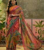 multicolour linen cotton blend digital printed bandhani saree