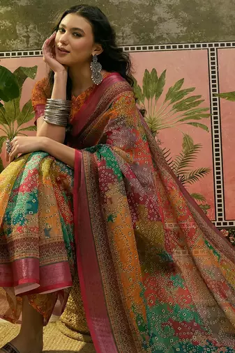 multicolour linen cotton blend digital printed bandhani saree