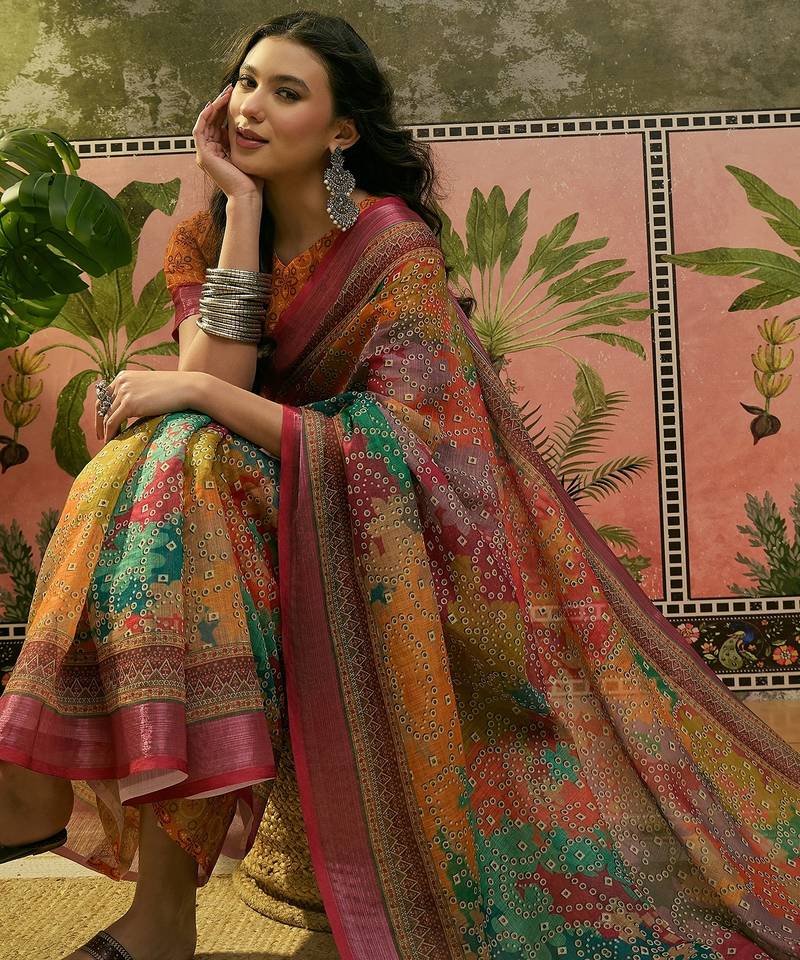 multicolour linen cotton blend digital printed bandhani saree