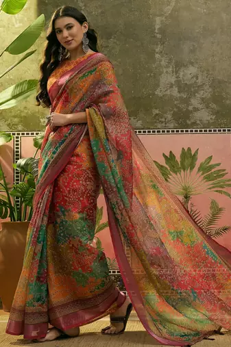 multicolour linen cotton blend digital printed bandhani saree