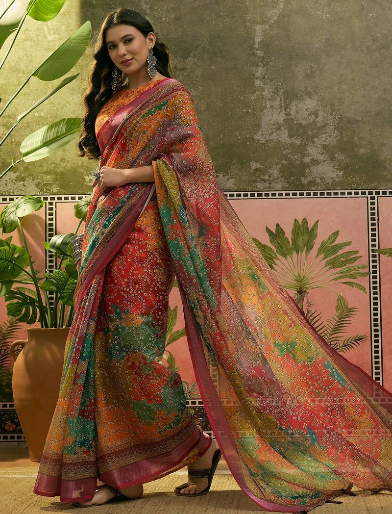 multicolour linen cotton blend digital printed bandhani saree