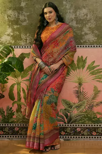 multicolour linen cotton blend digital printed bandhani saree