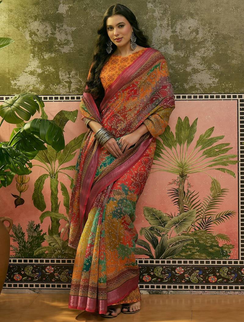 multicolour linen cotton blend digital printed bandhani saree