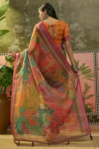 multicolour linen cotton blend digital printed bandhani saree