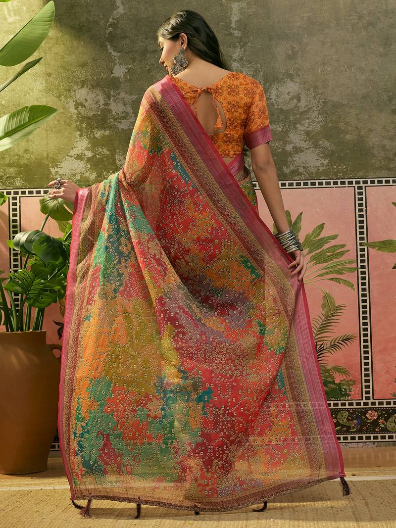 multicolour linen cotton blend digital printed bandhani saree