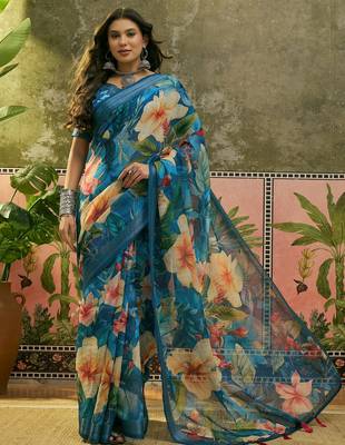 blue linen cotton blend digital printed floral saree 1