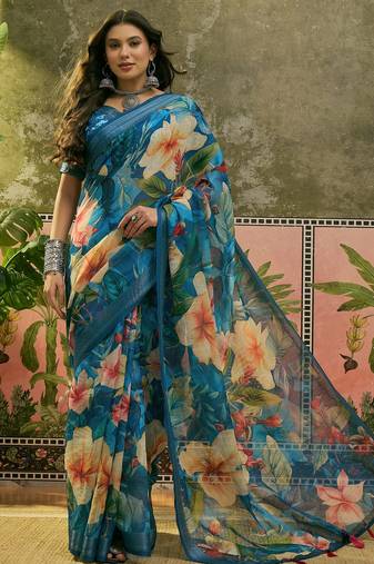 blue linen cotton blend digital printed floral saree