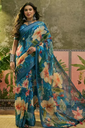 blue linen cotton blend digital printed floral saree