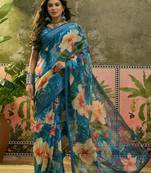 blue linen cotton blend digital printed floral saree