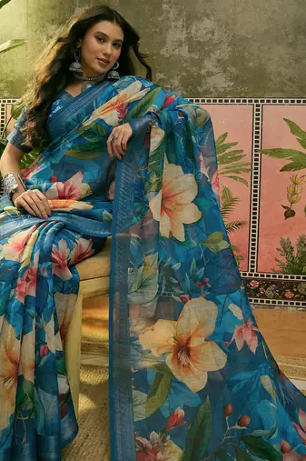 blue linen cotton blend digital printed floral saree