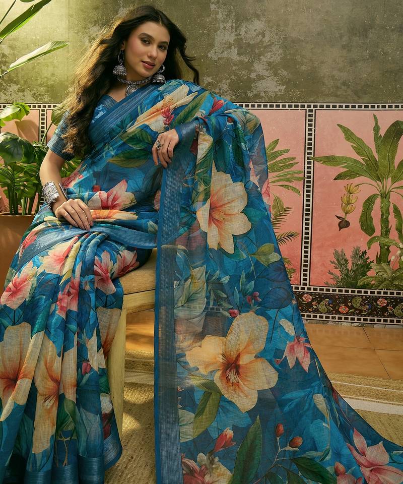 blue linen cotton blend digital printed floral saree