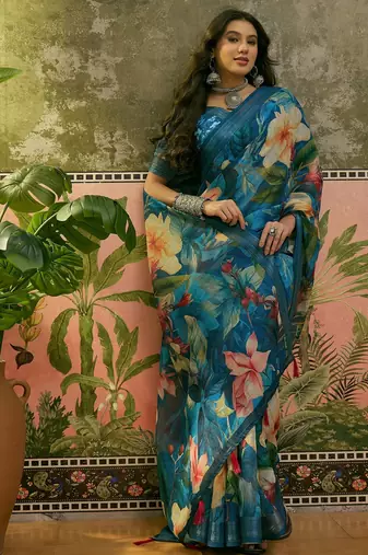 blue linen cotton blend digital printed floral saree