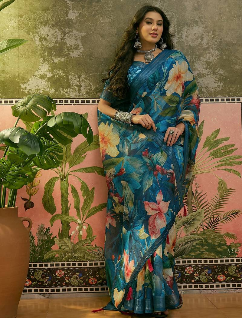 blue linen cotton blend digital printed floral saree