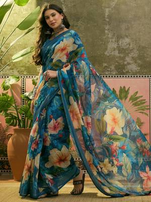 blue linen cotton blend digital printed floral saree 4