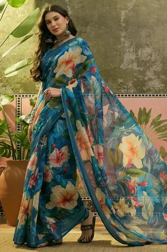 blue linen cotton blend digital printed floral saree