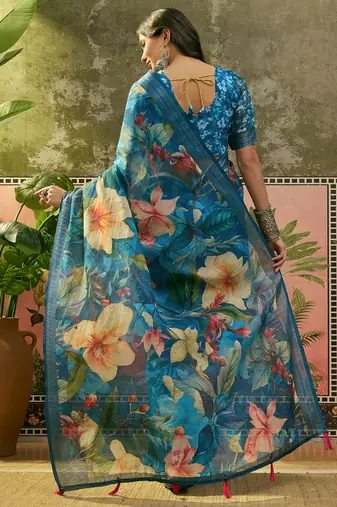 blue linen cotton blend digital printed floral saree