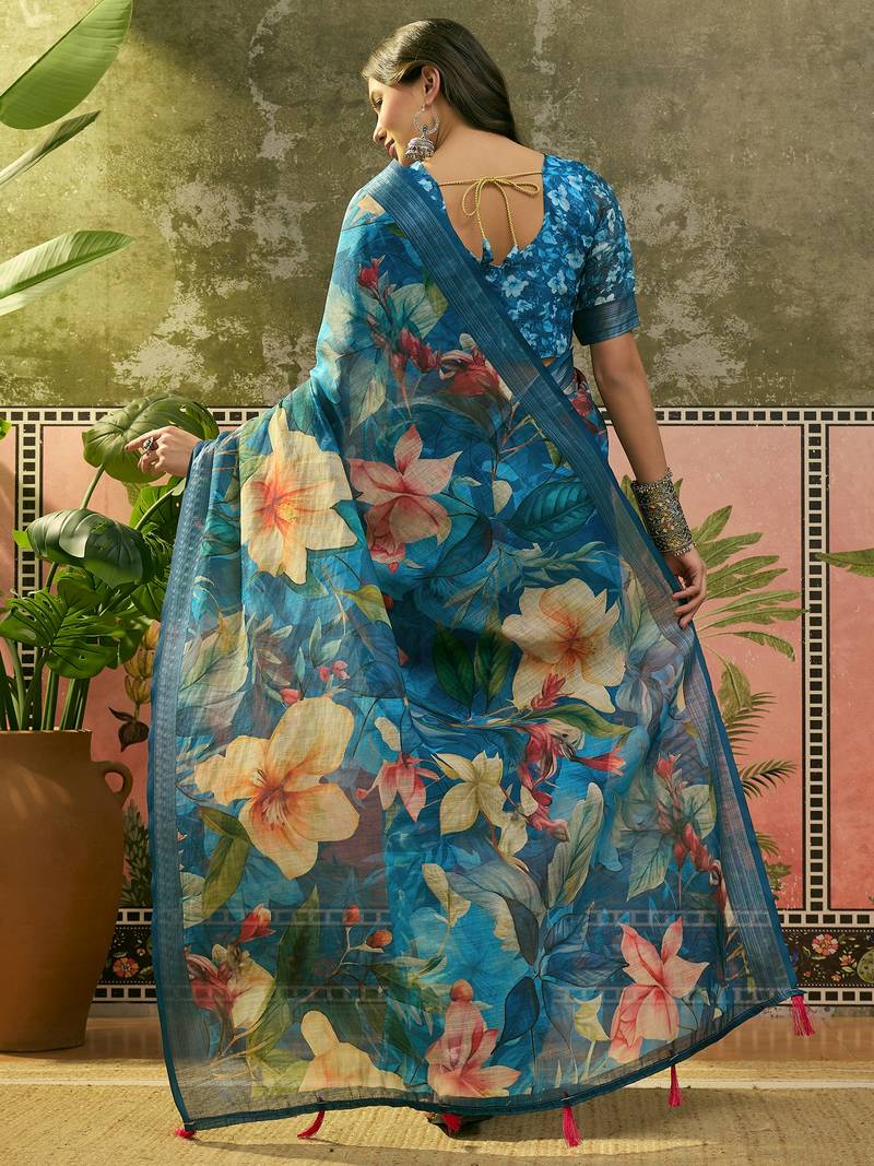 blue linen cotton blend digital printed floral saree