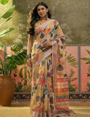 cream linen cotton blend digital printed leaf motif saree 1