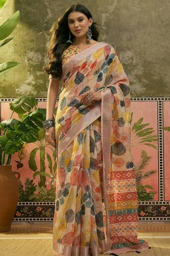 cream linen cotton blend digital printed leaf motif saree