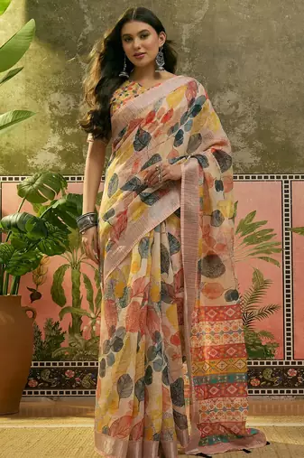 cream linen cotton blend digital printed leaf motif saree